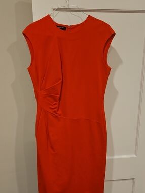 Lafayette 148 New York Orange-Red Sleeveless Midi Sheath Dress Womens 14